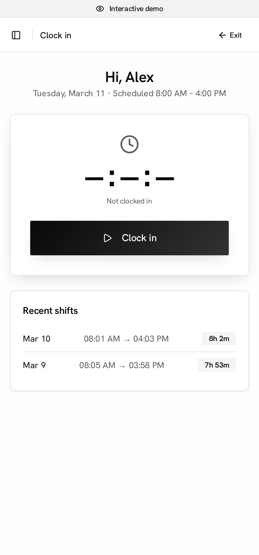 Clock in on phone