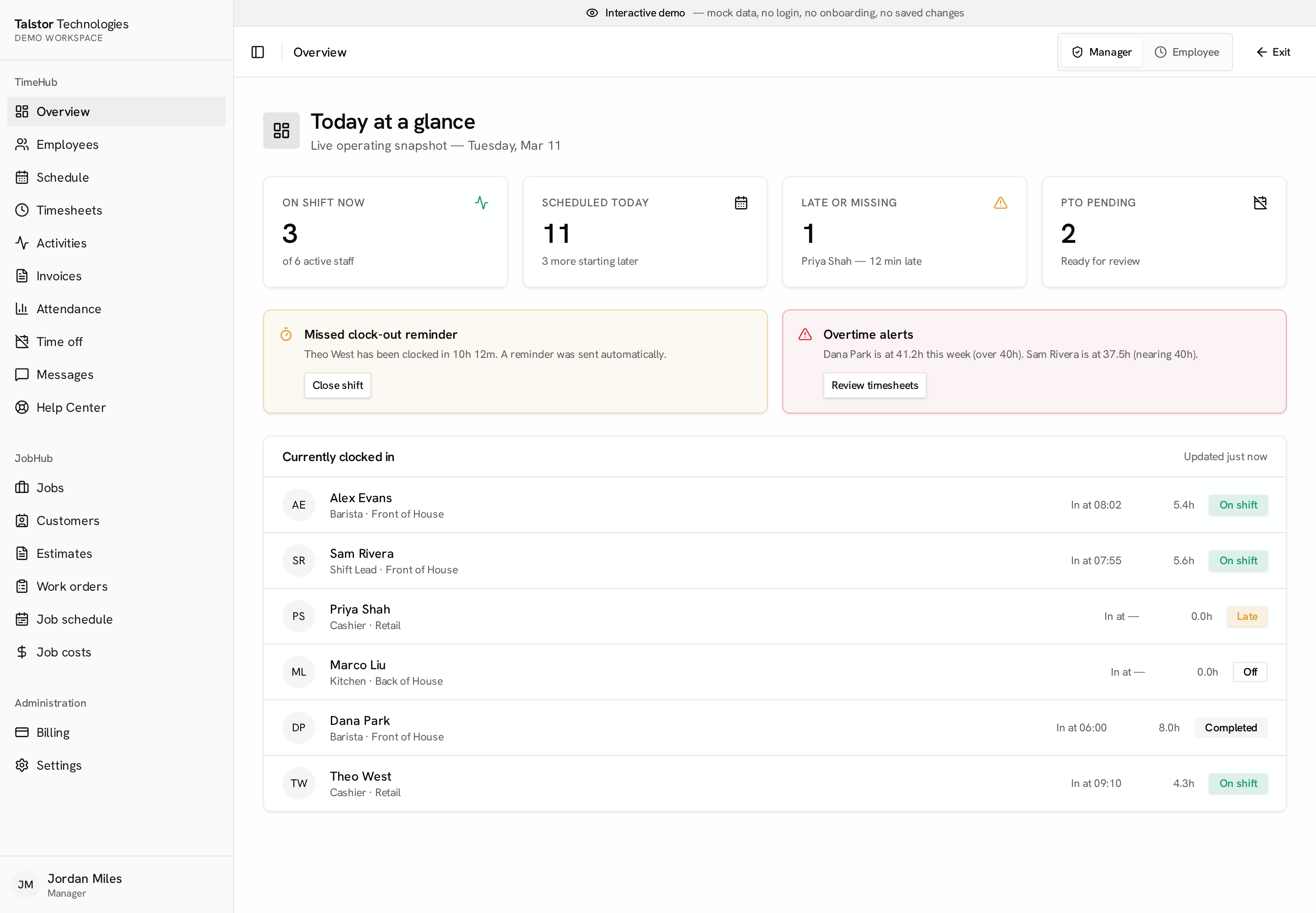 Live manager dashboard